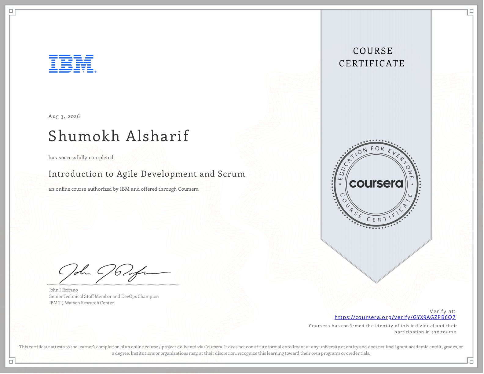 Introduction to Agile Development and Scrum — IBM course certificate via Coursera, 2026