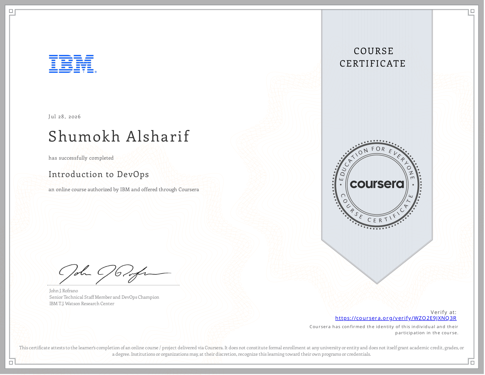 Introduction to DevOps — IBM course certificate via Coursera, 2026